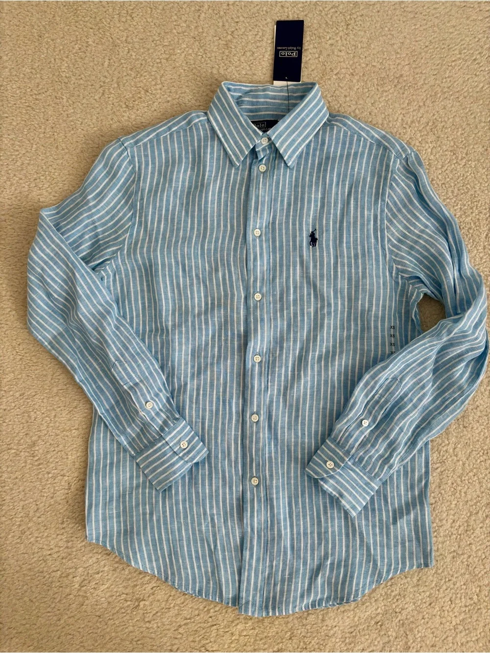 NWT Polo Ralph Lauren Women’s Light Blue and White Striped Linen Shirt XS